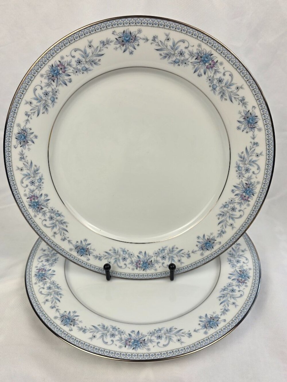 TWO Noritake Blue Hill Dinner Plates #2482 Blue Floral Band 10 1/2 Inch